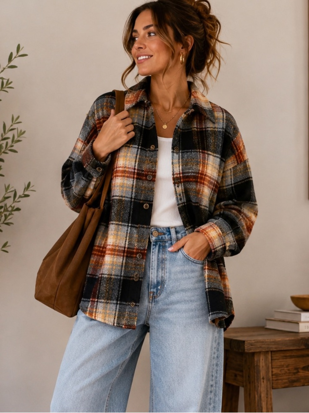 Plaid Shacket Jacket Black Rust Tan Oversized Button Front Size L